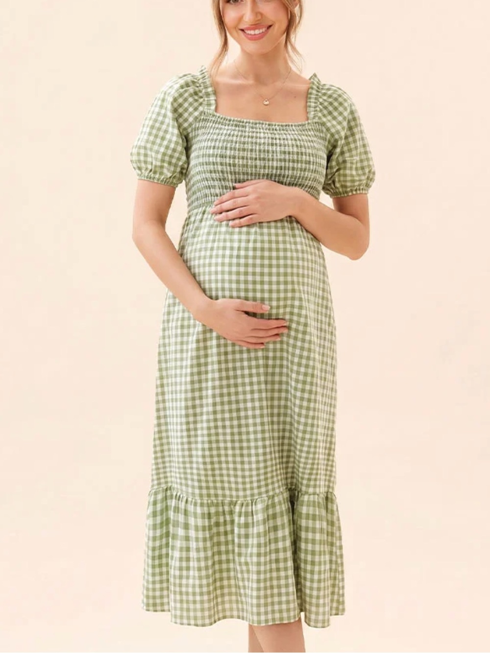 Smocked Square-Neck Midi Dress in Sage Gingham
